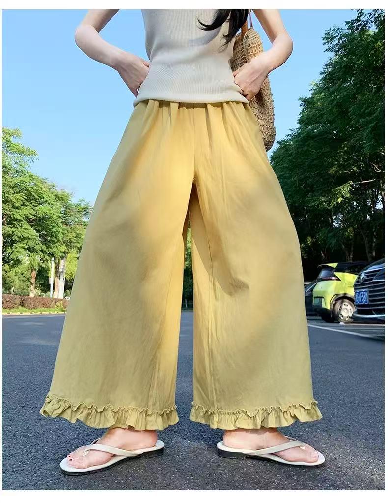 

Women s Summer 2025 Korean Style Wide-Leg Pants, Dark Blue, Wood Ear Trim, Imitation Cotton Linen, Small Height, Casual. Medium (45-55 kg)
