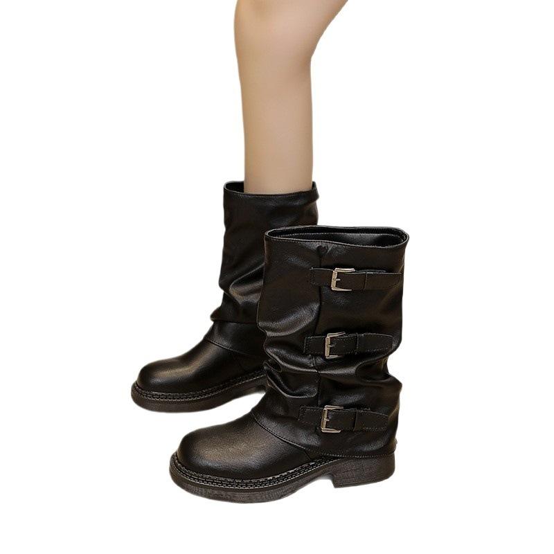 Retro belt buckle stack boots women's autumn and winter new round head thick heel medium tube knight boots versatile Martin boots