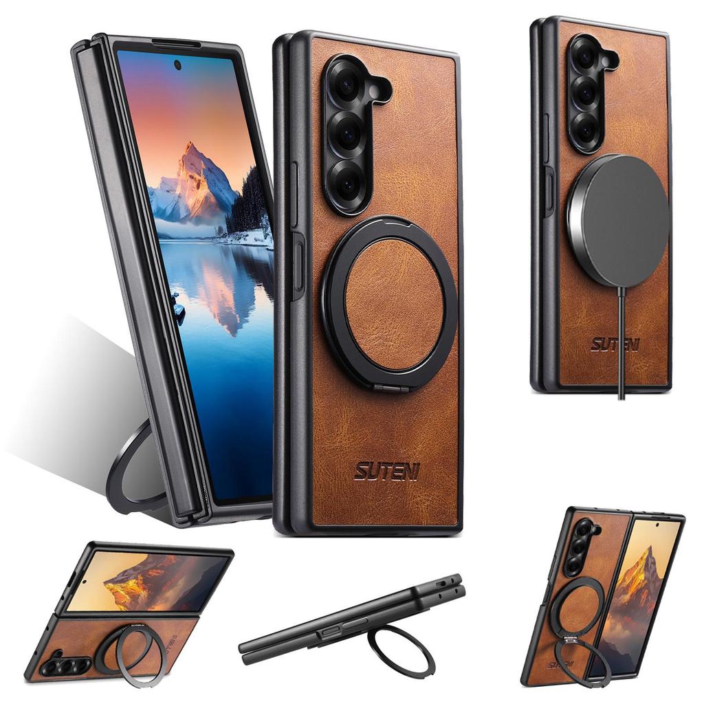 Samsung Z Fold7/6/5 Magnetic Wireless Charging Case with 360° Rotating Ring Stand and Leather Finish