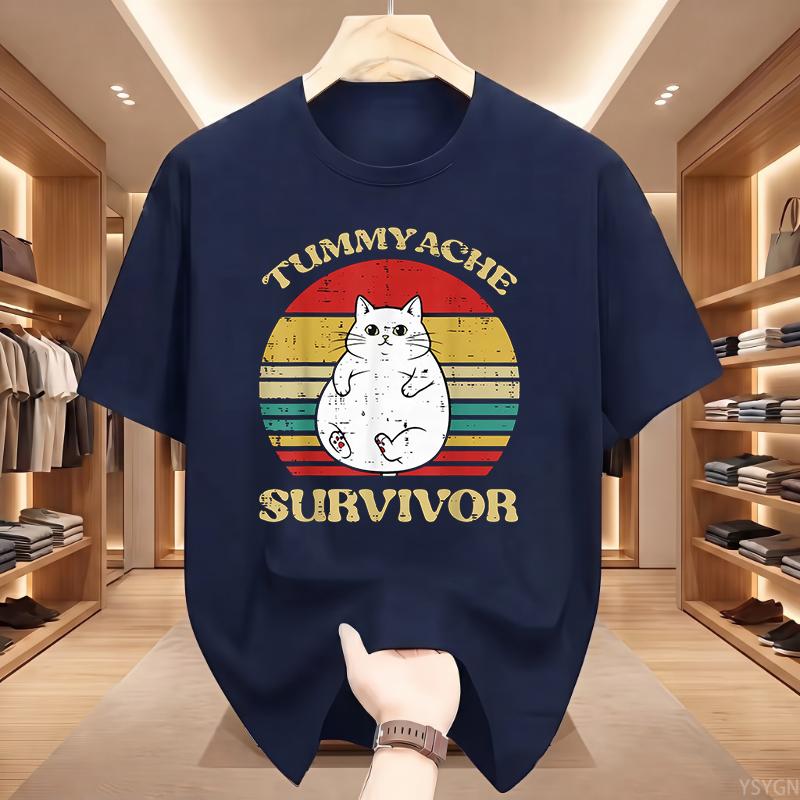 Ladies Funny Cat Tee Tummyache Survivor Printed Short Sleeve Casual Summer Top for Retro Style Lovers Clothing