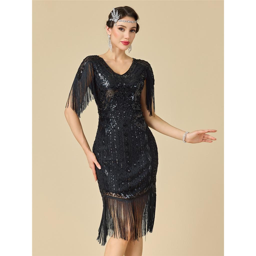 Women's Plus Size 1920s Gatsby Flapper Dress, Sequin Beaded Short Sleeve Fringe Evening Gown For Party & Pr