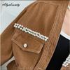 Korean Fashion Spring Autumn Women Brown Denim Jacket V Neck Beading Loose Basic Coat Long Sleeve Stylish Feminine Ladies' Outerwear