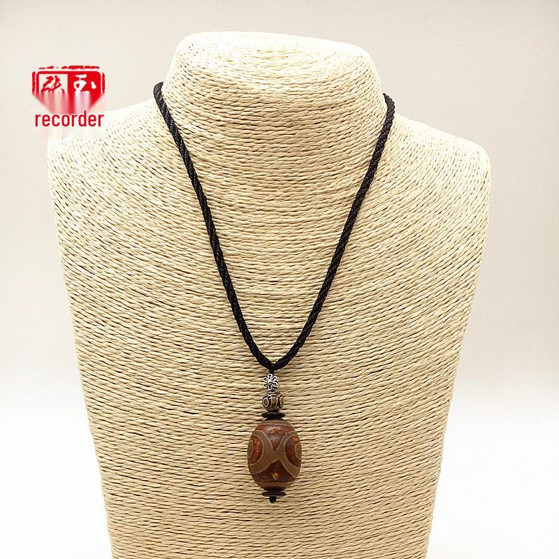 Antique Tibetan Three-Eyed Dzi Agate Pendant Necklace with Ethnic Beads