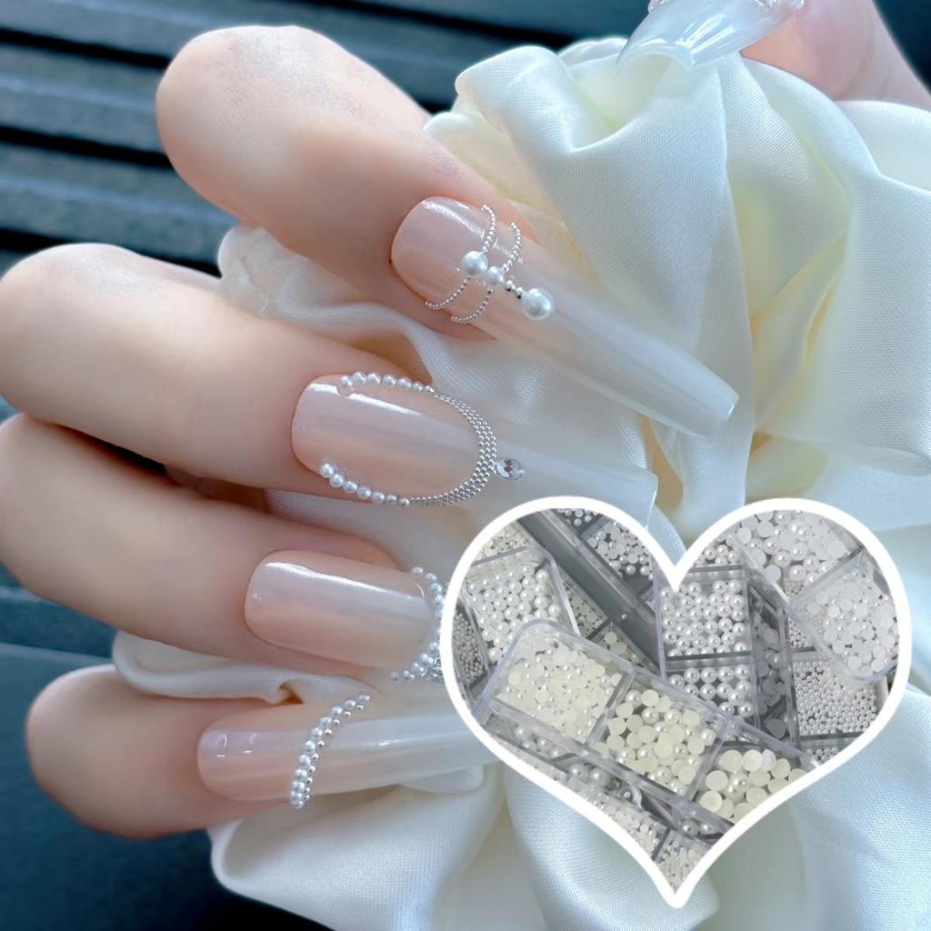12-Grid High-Gloss Pearl Rice White Nail Art Decorations: 6-Piece Round and Half-Round Mixed Size Set