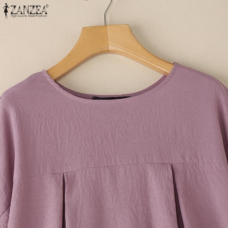 ZANZEA Damen Freizeit Rundhals Einfarbig Kurzarm Bluse