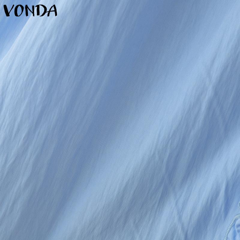 VONDA Women V Neck Puff Sleeve Buttons Up Ruffled Solid Casual Blouse
