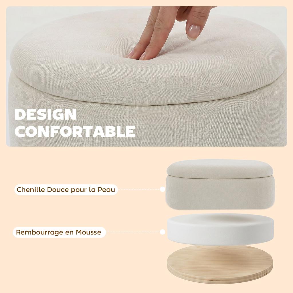 Chenille Storage Ottoman with Lid, Round Stool, Beige