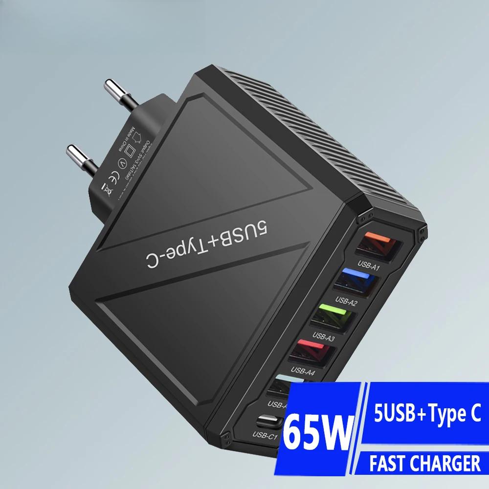 15W USB Type C Charger 6 Ports PD Fast Charge Adapter Quick Charge3.0 for IPhone Samsung Xiaomi Huawei Mobile Phone Wall Charger