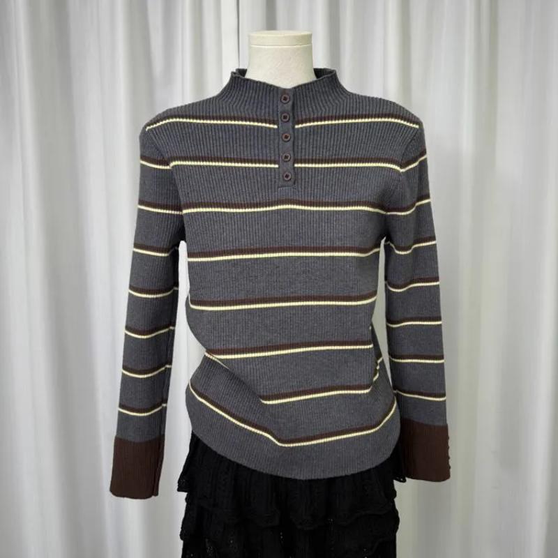 Kontrastowe kolory Swetry w paski w stylu vintage Odzież damska Półwysoki kołnierz Jesień Zima Stylowe zapinane na guziki Wąskie dzianinowe pulowery