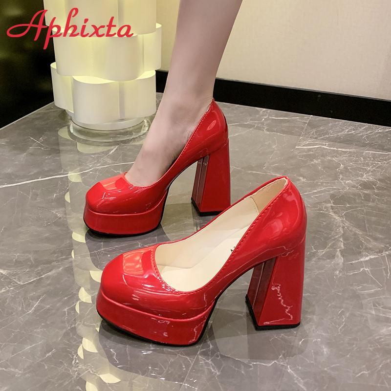 Fashion Aphixta Hot Sale Square Heels 10cm Chunky Heels Platform Pumps Double Color Blocking Women Party Dance Pumps