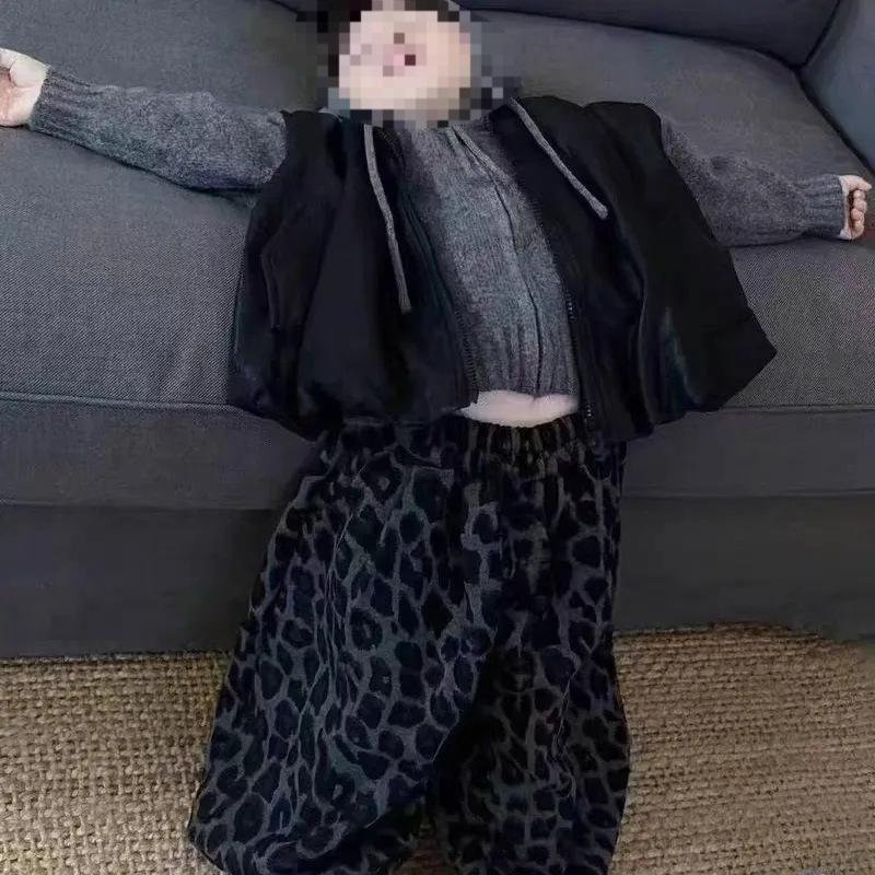 Children's Autumn Korean-Style Three-Piece Set: Handsome Leather Vest, Hooded Sweater, and Leopard Print Pants