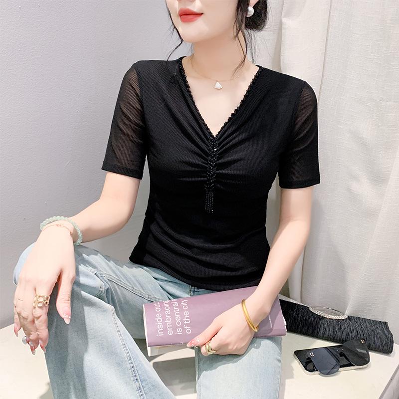 

Женская футболка из сетки с V-образным вырезом и бисером в европейском стиле - с коротким рукавом, универсальная, модная летняя блузка Large чёрный