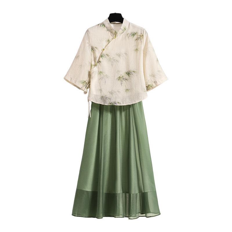 Plus Size Women's Chinese Hanfu Retro Top & Slimming Cheongsam Skirt Suit