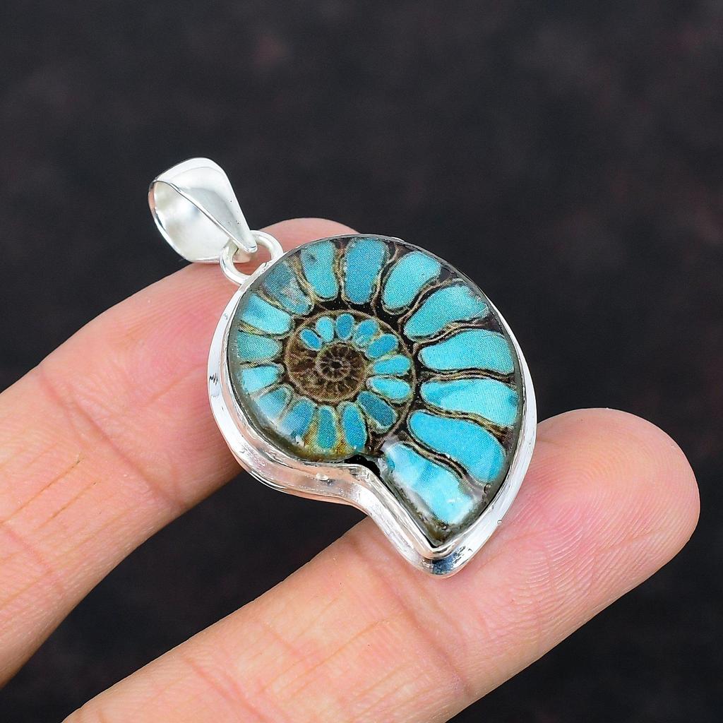 Bue Turquoise In Ammonite Fossil Pendant Gemstone Pendant Antique Jewelry 925 Sterling Silver Pendant Handmade Decent Pendant Gifts for Him
