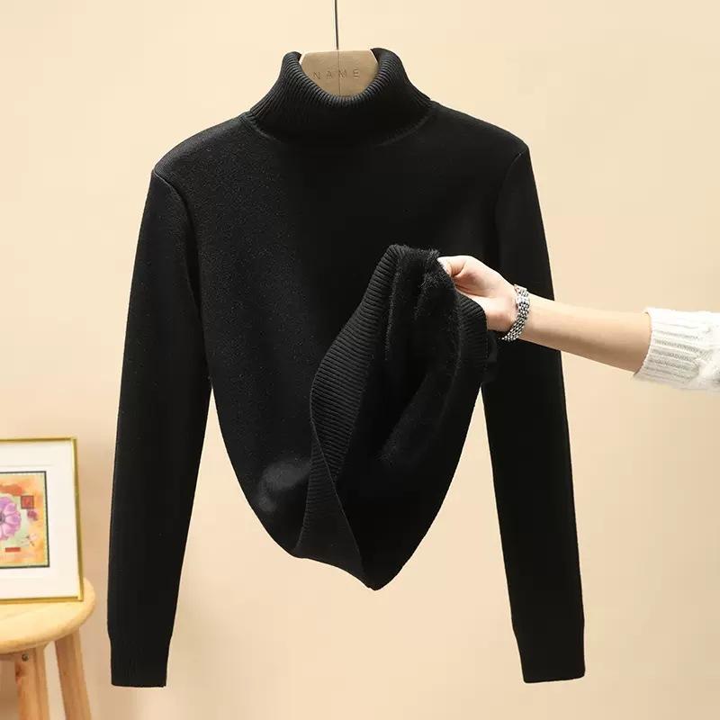 Rolák Zimní Svetr Dámský Elegantní Zesílený Sametová Podšívka Teplý Sueter Pletený Pulovr Slim Top Pletené Oblečení Svetr