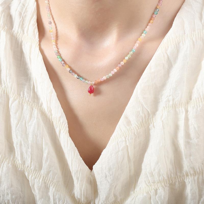 Faceted Crystal Stone Natural Stone Colored Round Beads Beaded Agate Handmade Necklace Versatile Personalized Sweet Girl Temperament Jewelry