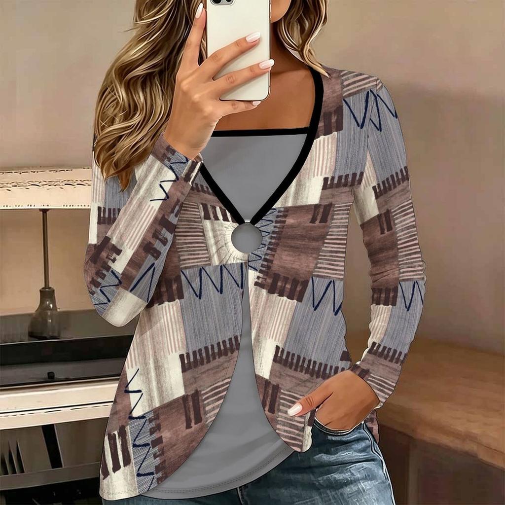 Tops for Women Geometric Pattern Print Long Sleeve Fake Two‑Piece Top Fall Casual Slim Pullover Women's Long Sleeve Top