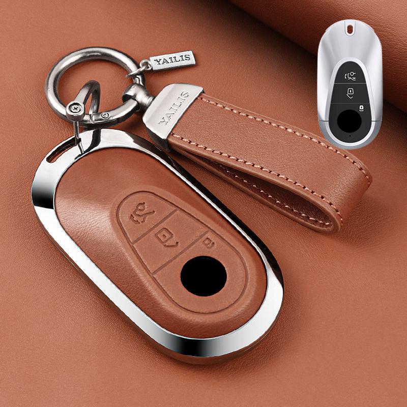 Metal Leather Car Remote Key Cover Case Holder shell Chain Fob For New C260L E300L S400L EQE GLC CLE C E S Class
