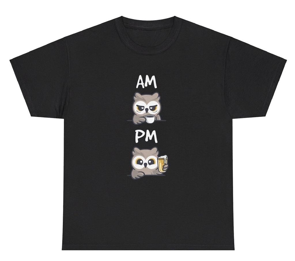 AM PM Owl Coffee Beer T Shirt Funny Drink Lover Alcohol Day Drinking Humor Tee