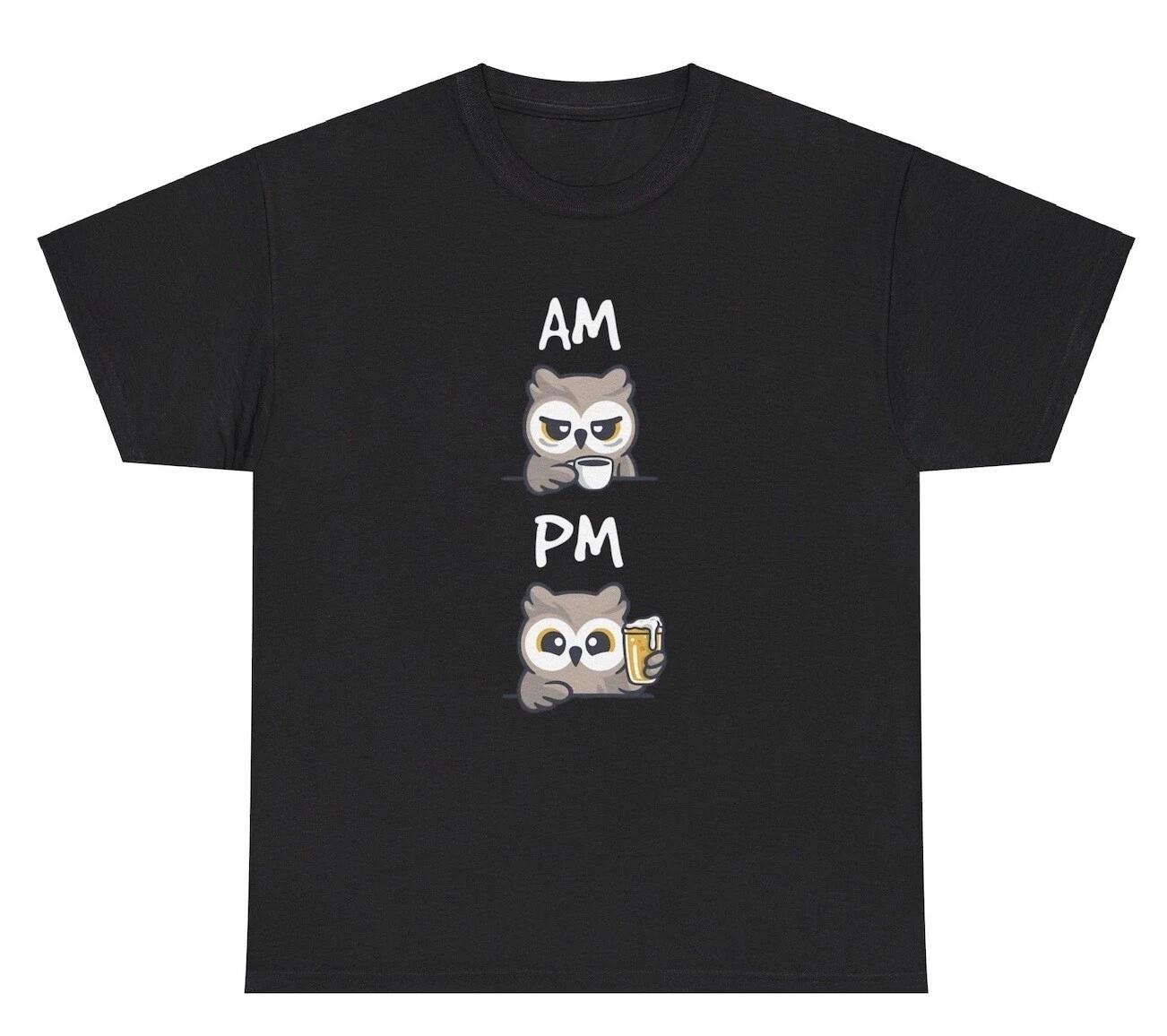 AM PM Owl Coffee Beer T Shirt Funny Drink Lover Alcohol Day Drinking Humor Tee 2XL