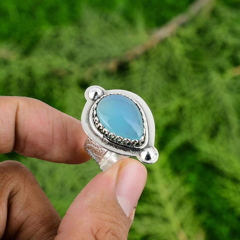 Gift For Women Multi Stone Adjustable Ring 925 Silver Natural Blue Chalcedony