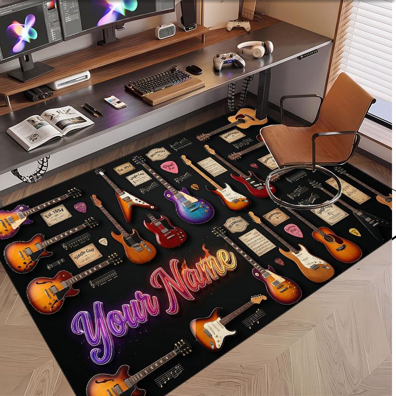 Music Guitar Theme Soft Crystal Velvet Rug Custom Name & Text Print Non Slip Floor Rug for Bedroom Living Room