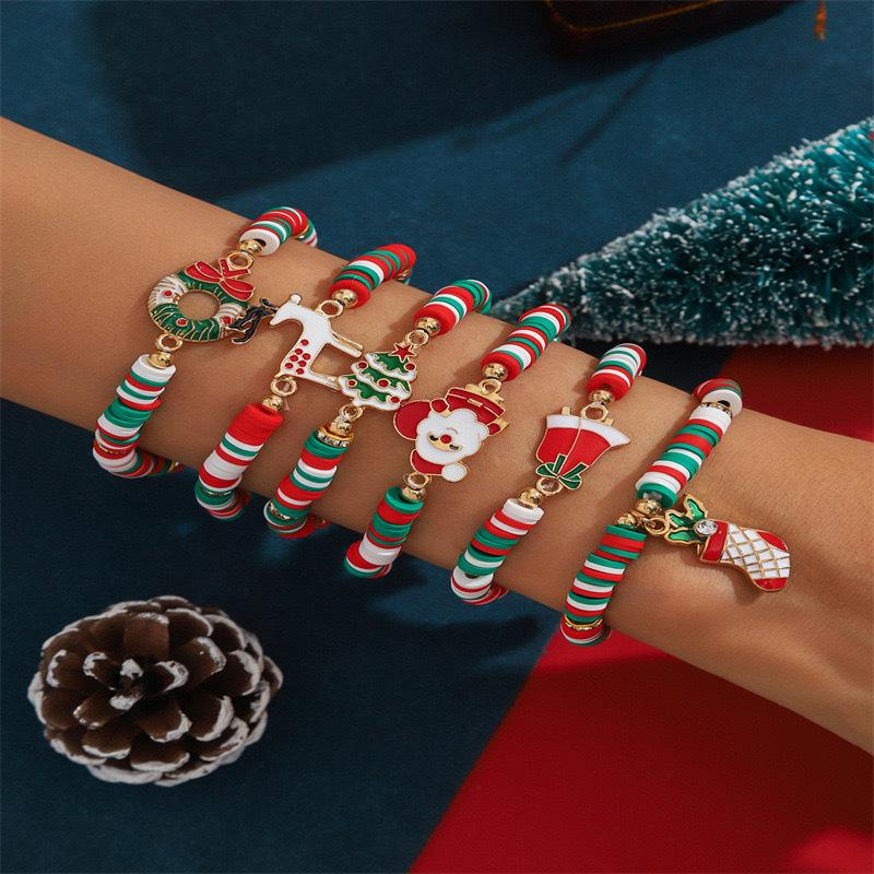 6pcs/Set Reindeer, Santa Claus, Christmas Tree Soft Ceramic Decorative Bracelet, Christmas Gift