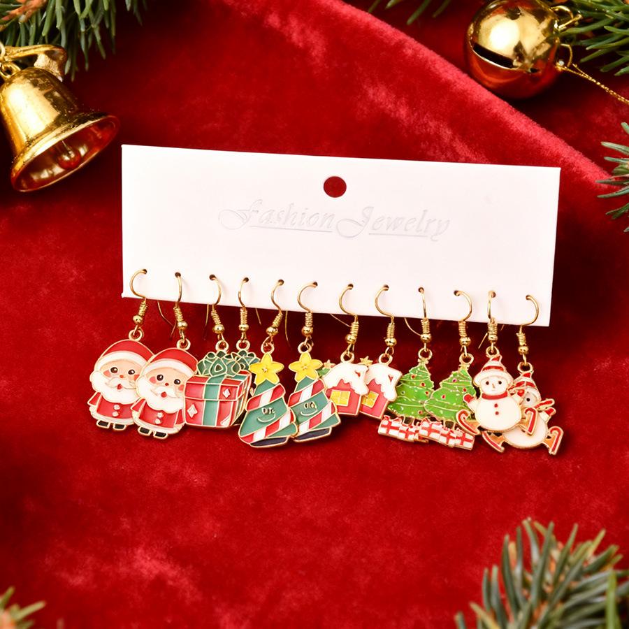 

Festive Christmas Earrings Set: 6-Piece Alloy Drop Oil Earrings with Cute Snowman & Santa Claus Pendants