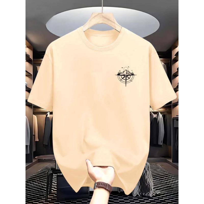 Summer Men's 100% Cotton Mountain Compass Graphic Printed Casual Loose Sports Comfortable Round Neck Short Sleeve T-shirt Top