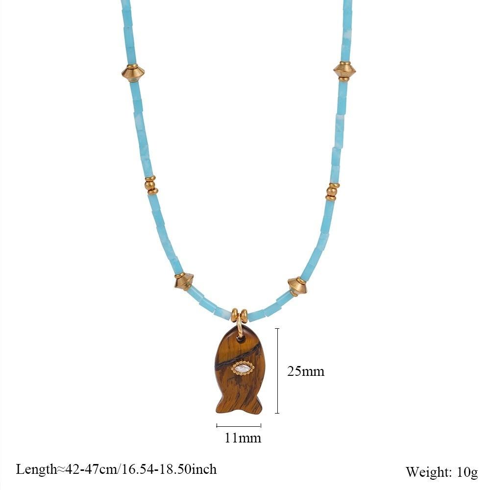 Cylinder Stone Bead Fish Pendant Necklace Colorful Choker Necklace Ocean Style Necklace  Summer