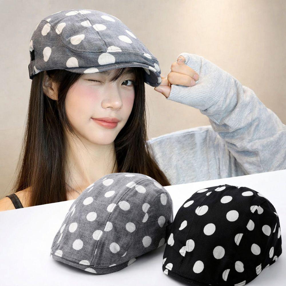 Casual Korean Style Forward Hat Big Head Polka Dot Printing Short Brim Berets Versatile Retro Sun Hat Women's Spring Autumn