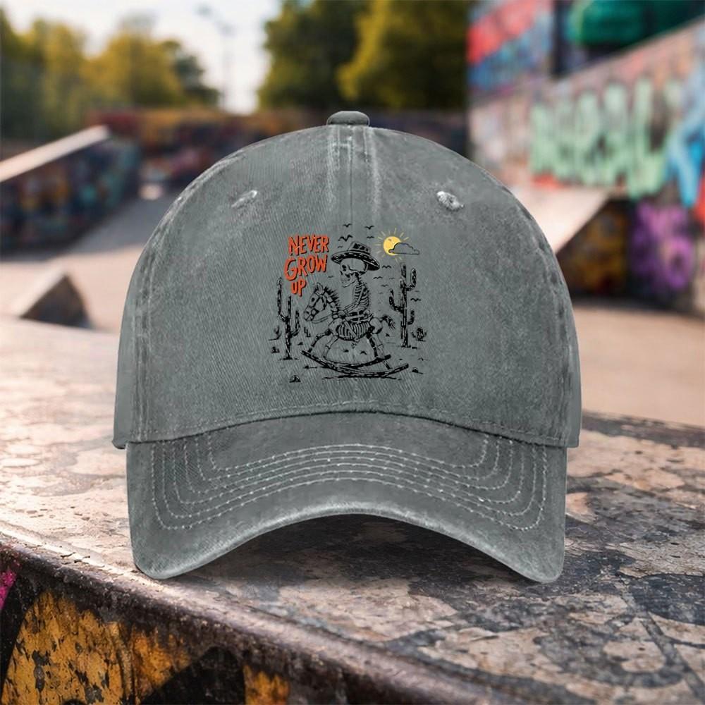 Never Grow Up Cowboy Graphic Washed Baseball Cap Distressed Cotton Snapback Hat for Unisex
