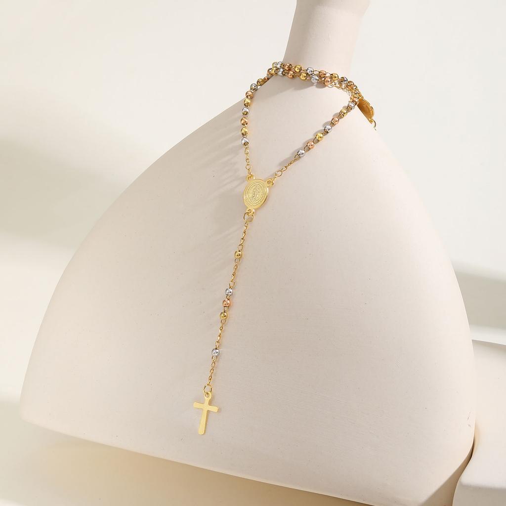 Stainless Steel Virgin Vrand Three-color Beaded Y-Shaped Necklaces for women,The Holy Spirit Cross Pendant Necklace,Jewelry Gift