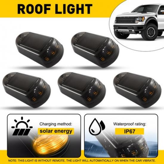 5PCS Roof Cab Signal Light White/Amber DRL Solar Universal Powered 4 Mode Smoked