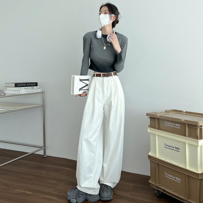 

Белые широкие брюки для женщин с драпировкой, прямые повседневные брюки из денима, корейские узкие и универсальные брюки в пол с высокой талией S белый