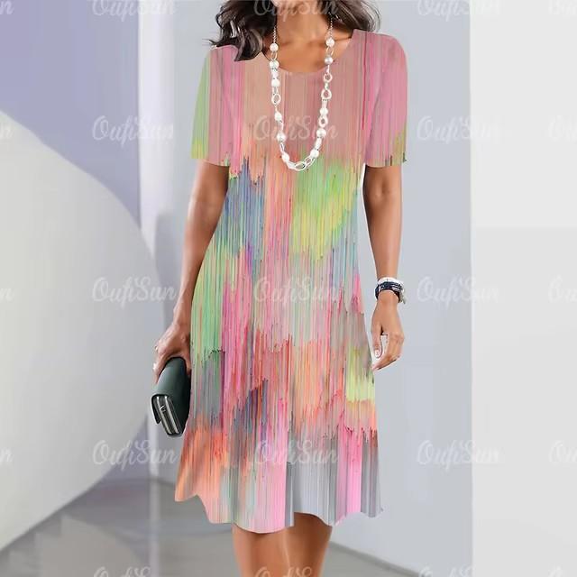 3D Geometric Stripe Print Elegant Women's Short-sleeved Summer Dress