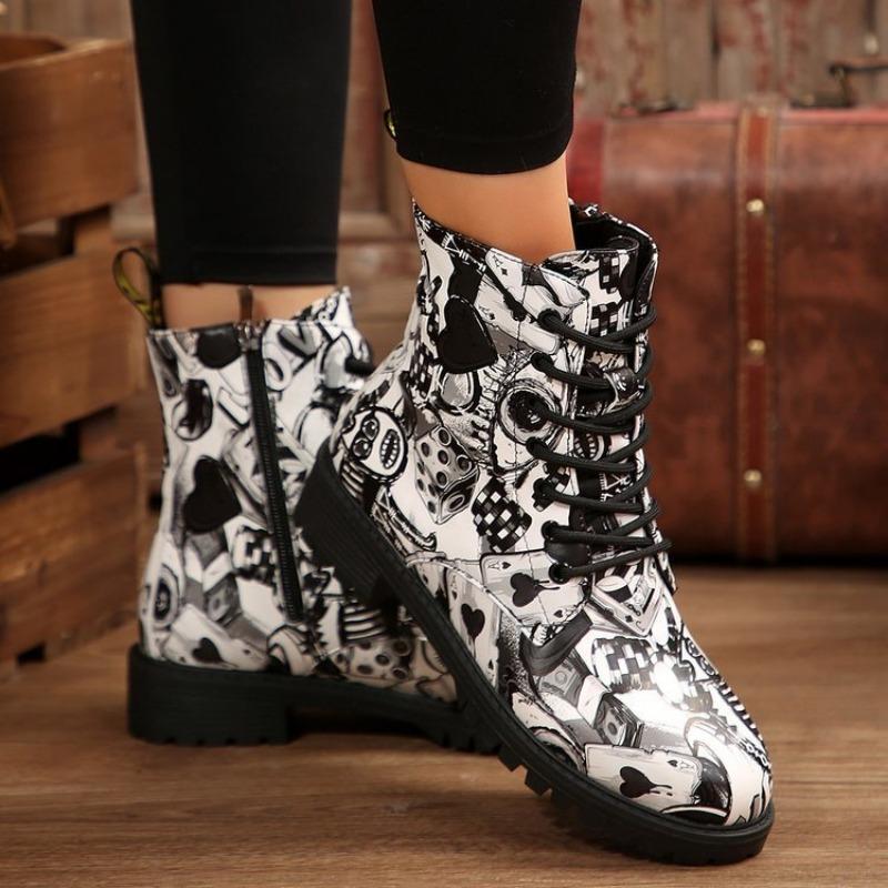 Large size graffiti square heel side zipper Martin boots autumn and winter new round head lace-up women's boots