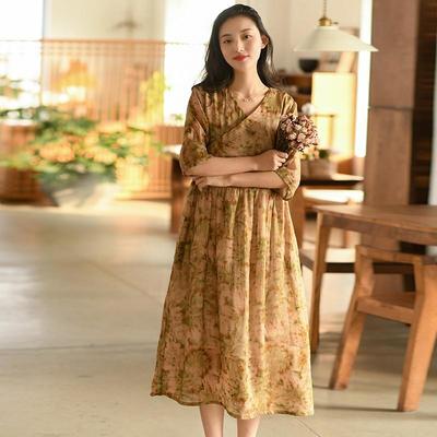 Damen Vintage Print Blumenkleid Hochwertiges V-Ausschnitt Halbarm Roben Sommer Damen A-Linie Kleid