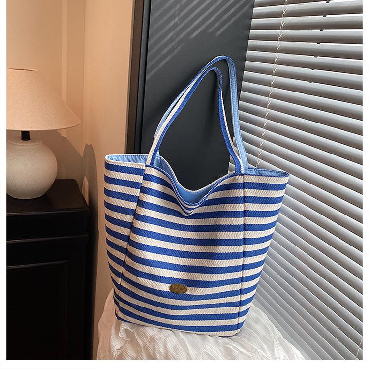 Striped canvas bag bag 2025 new Korean style ins tote leisure bag single shoulder large capacity tote bag shopping bag
