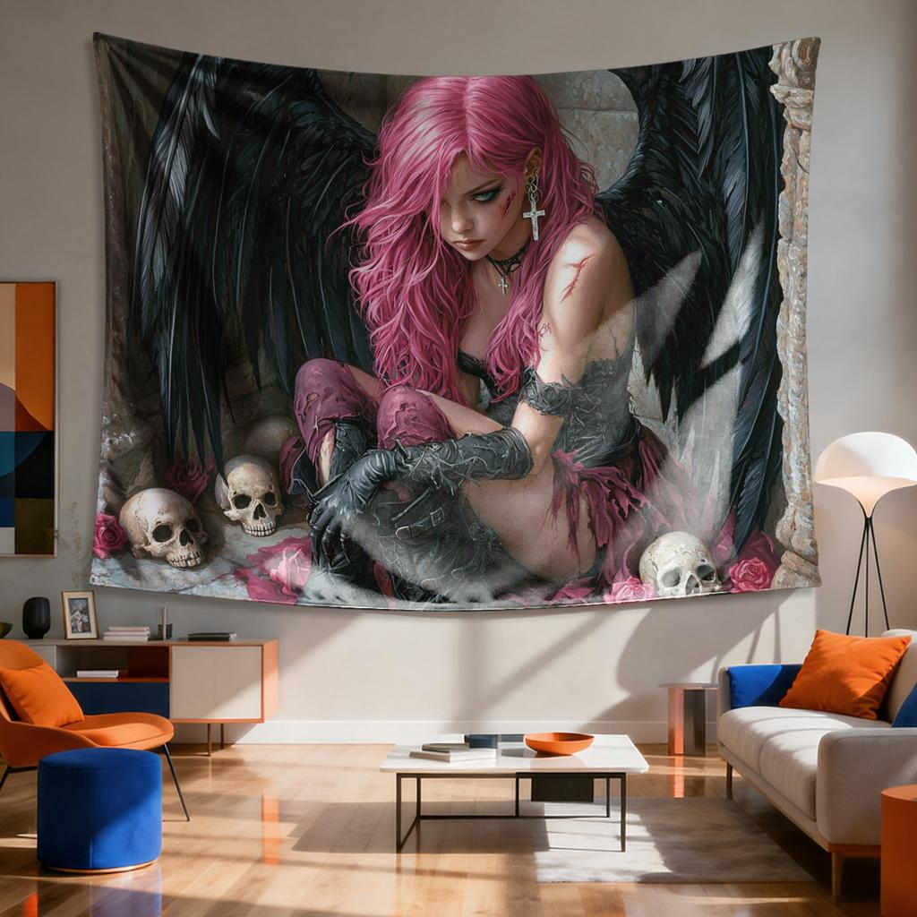 Dunkles Engel-Wandteppich Rosa Haare Gothic-Mädchen mit Schwarzen Flügeln und Totenköpfen Fantasy Grunge Wandbehang für Schlafzimmerdekoration