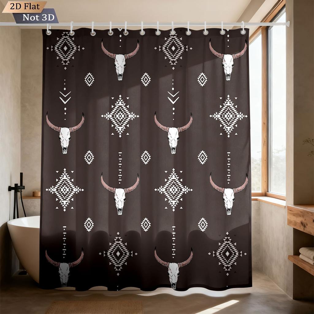 1 Piece Retro Horn Print Waterproof Shower Curtain Partition Privacy Hanging Curtain With 12 Hooks In Multiple Sizes