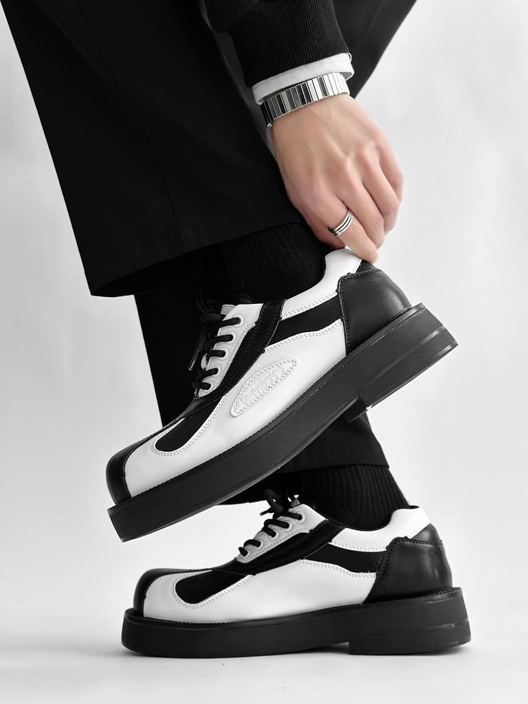 Men's round headed genuine leather shoes Fashionable black and white color blocking style Party thick soled walking office shoes