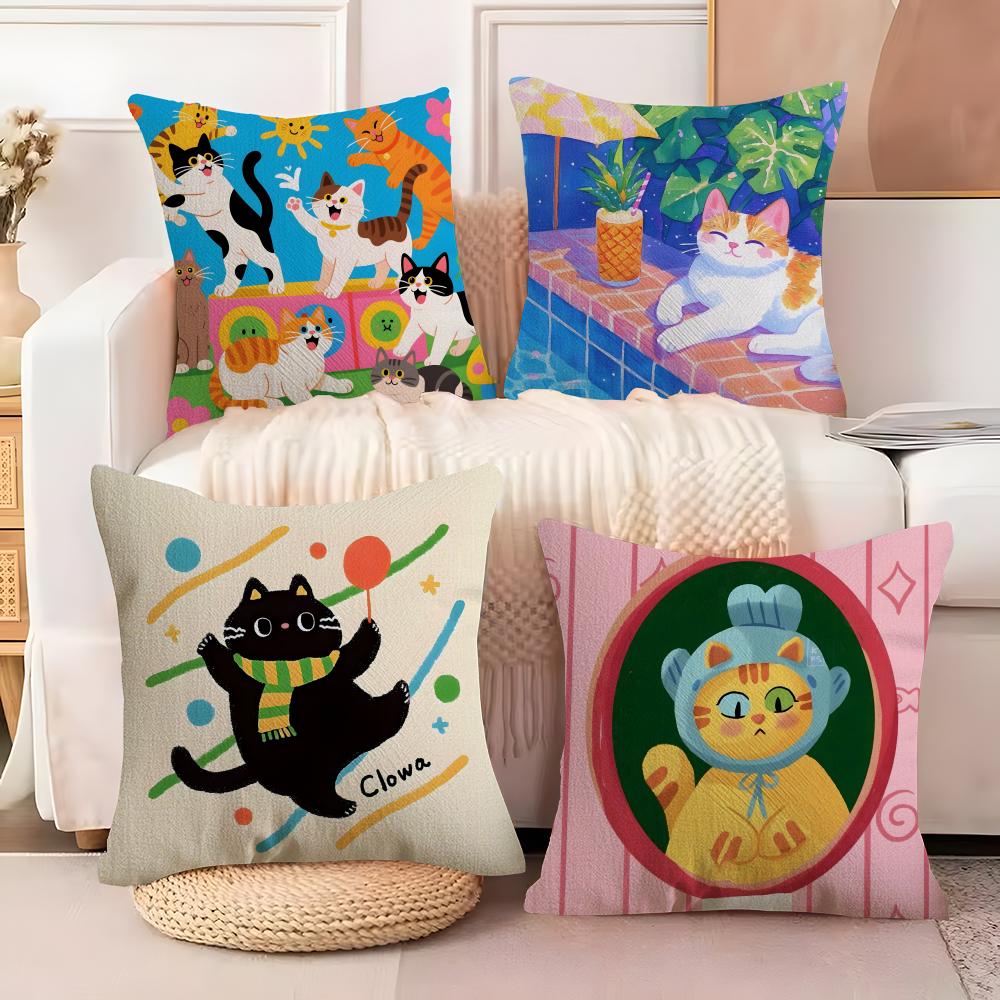 fashing Cute cat illustrations Pillow Case Natural Linen Double-Sided Printing Sofa Home Decor Cushion Cover