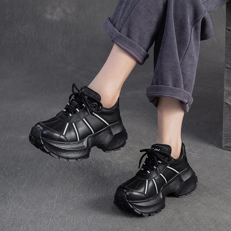 Scarpe da Ginnastica Retro a Suola Spessa Primavera Autunno Donna Vera Pelle Non Stanchevoli Scarpe da Viaggio per Piedi Sportive Tempo Libero Scarpe da Donna