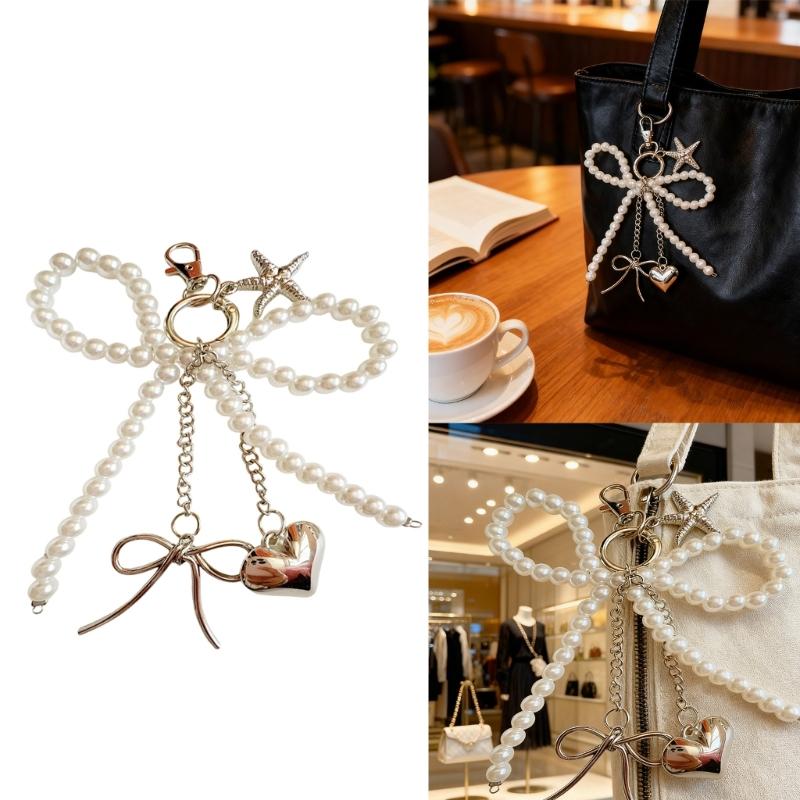 Delicate Bows Keychain Key Holder Featuring Pearls Accent And Starfish Design Fashionable Wallet Handbag Charm