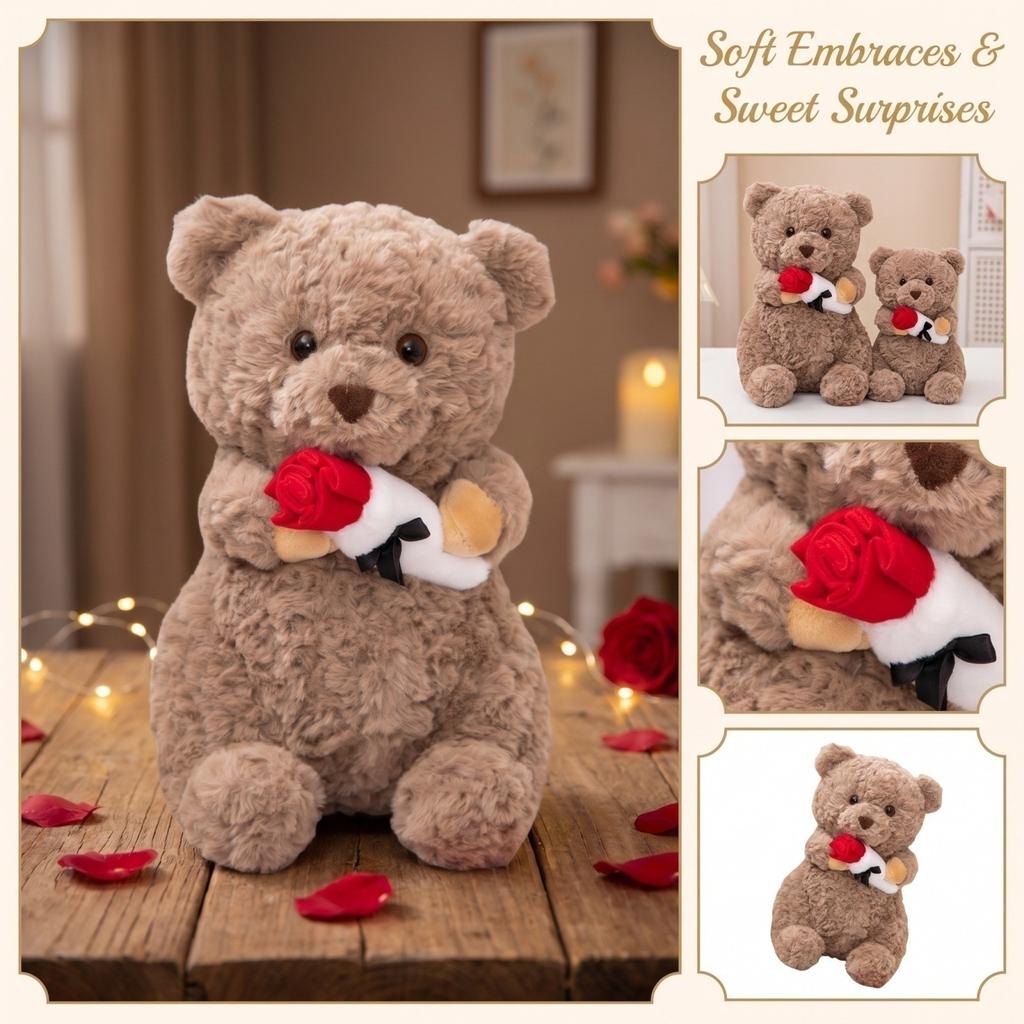 Cute Soft Rose Bear Plush Stuffed Animal Toy for Valentine's Day Gift for Women Girls