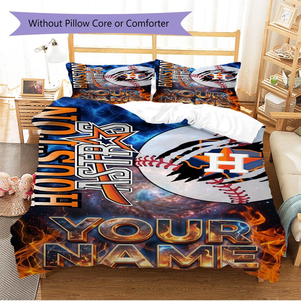 Name Custom Houston Astros Logo Pattern Bedding Set Quilt Cover Pillowcase Home Decor Gift (1 * duvet cover + 2 * pillowcase, without core)