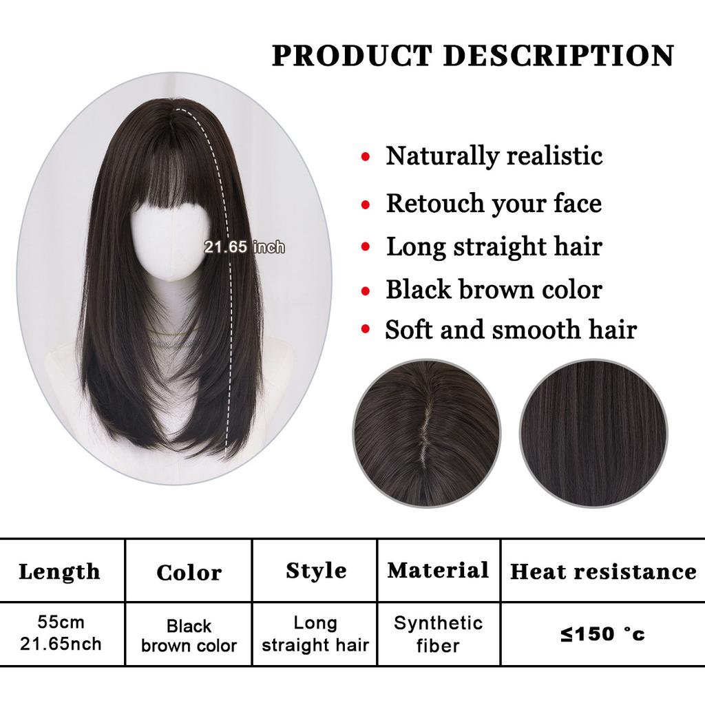 Nowa Ciemnobrązowa Średniodługa Prosta Peruka dla Kobiet - Włosy do Klatki Piersiowej Cieniowane z Grzywką Powietrzną Naturalna Peruka Pełna