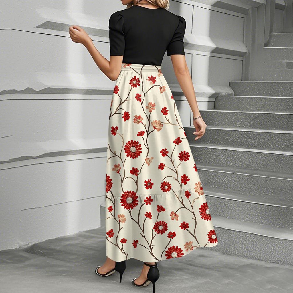 Women's Fashion Casual Belt Short Sleeve Round Neck Floral Stitching Elegant Temperament Dress