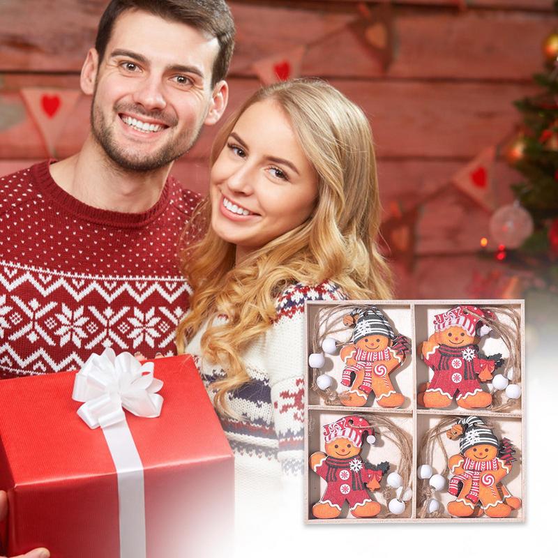 Christmas Gingerbread Wood Ornaments 12X Christmas Tree Pendant Wooden Gingerbread Man Seasonal 4 Patterns Gingerbread Man With